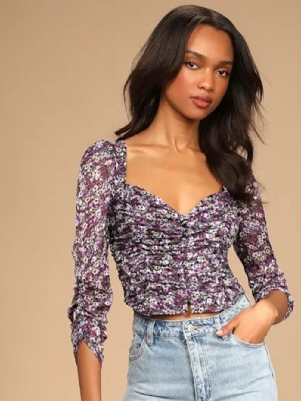 ASTR The Label Purple Floral Ruched Top With Sleeves Size Medium